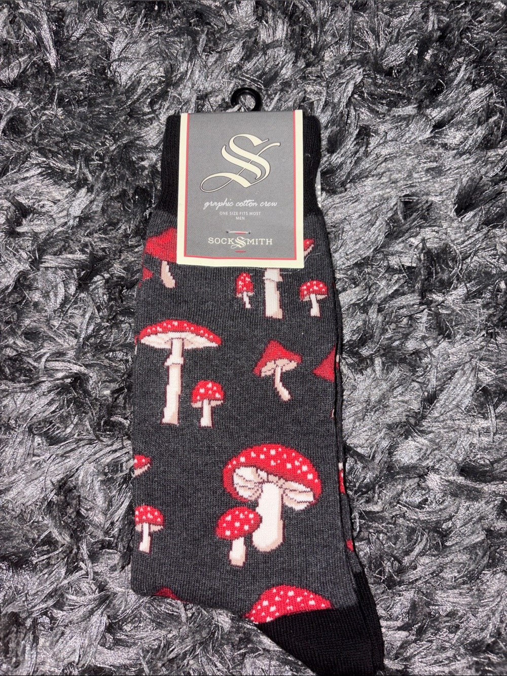 Men’s Black Socks with Red Mushroom Pattern
